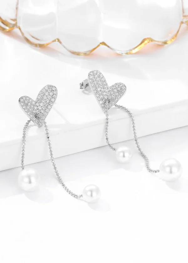 Pearl Drop Silver Heart Zircon Earrings - Image 5