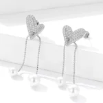 Pearl Drop Silver Heart Zircon Earrings