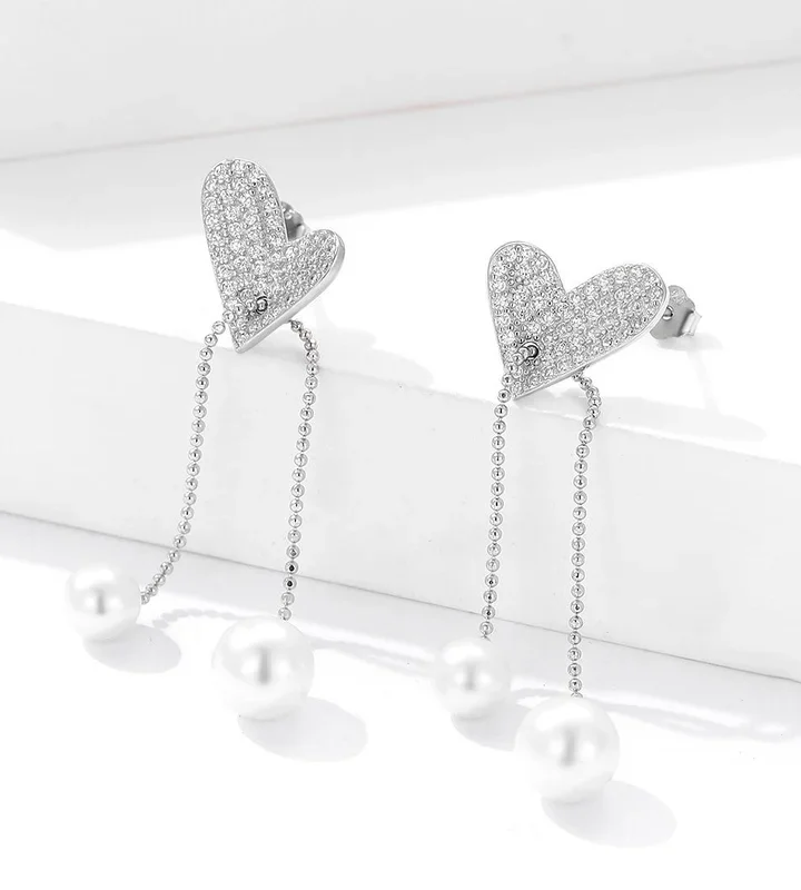 Pearl Drop Silver Heart Zircon Earrings