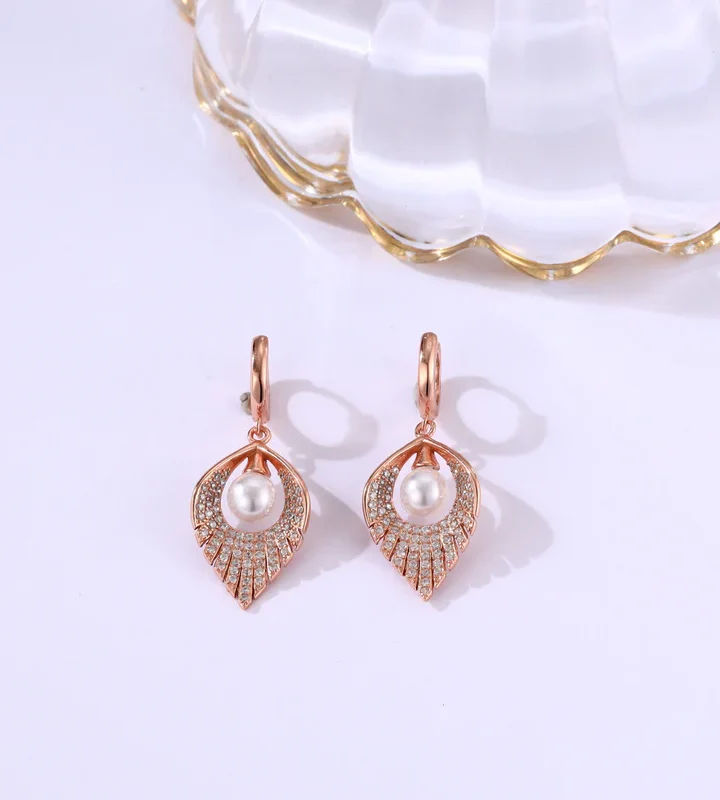 Serene Rose Gold Leaf Pearl Earrings