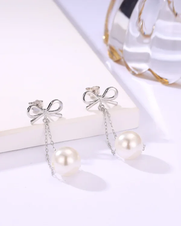 Bow & Pearl Drop Earrings - Image 2