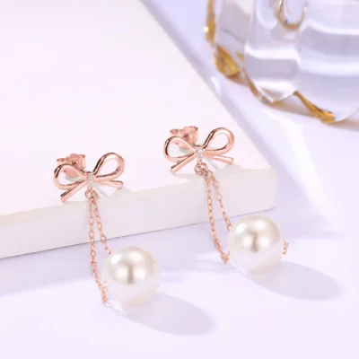 Ross Gold Bow & Pearl Drop Earrings