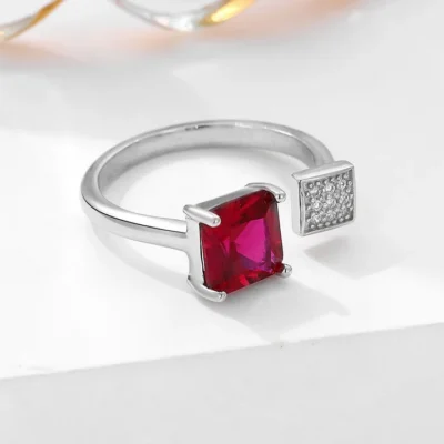 Red Square Silver Adjustable Ring