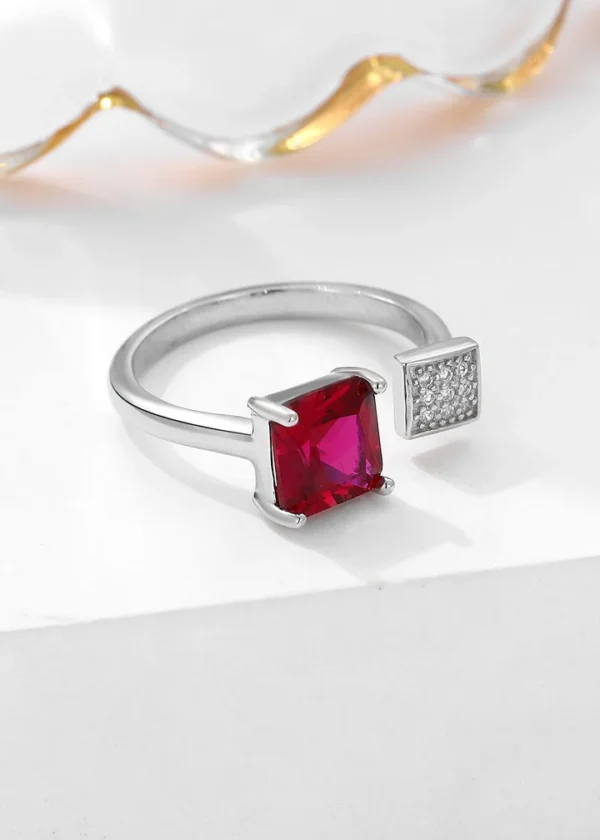 Red Square Silver Adjustable Ring