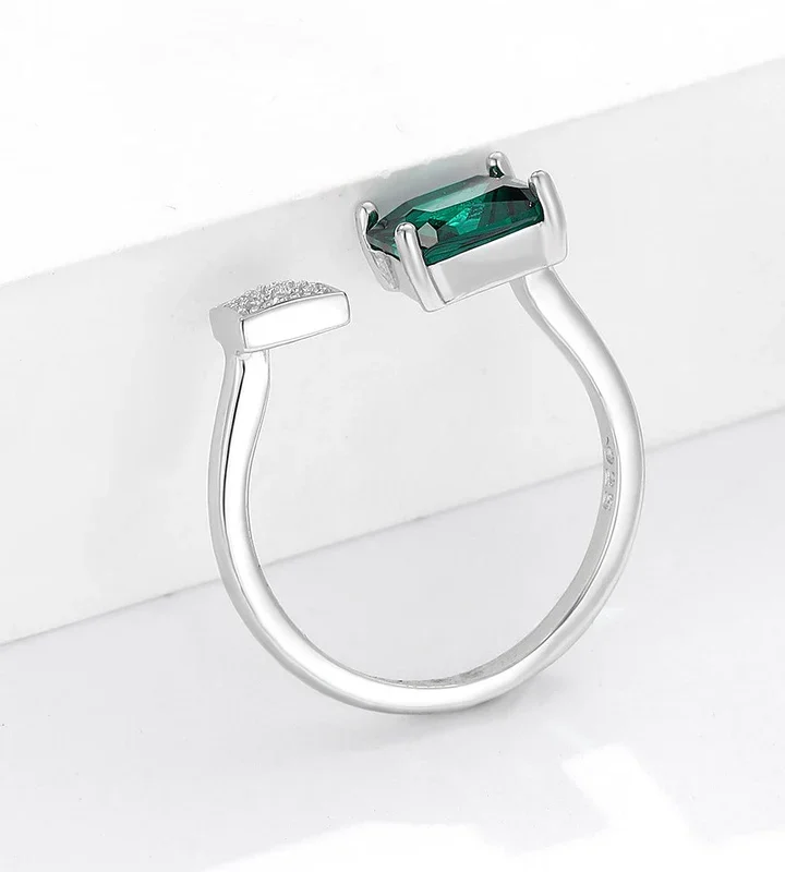 Green Square Silver Adjustable Ring