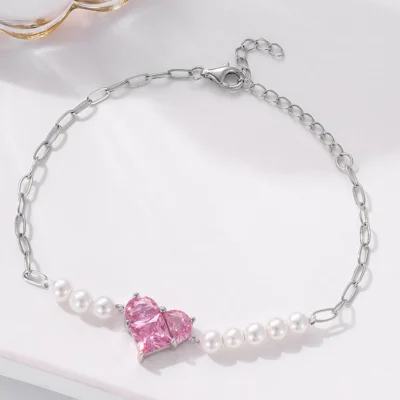 Pearl and Pink Glow Silver Heart Bracelet