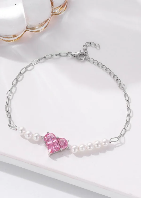 Pearl and Pink Glow Silver Heart Bracelet
