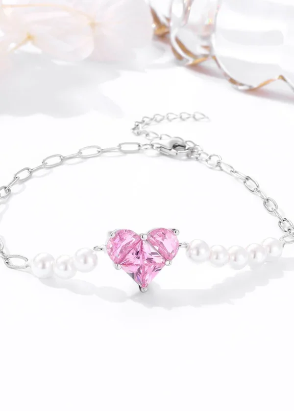 Pearl and Pink Glow Silver Heart Bracelet - Image 4