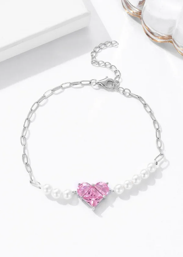 Pearl and Pink Glow Silver Heart Bracelet - Image 2