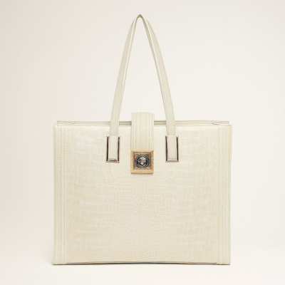White Croc-Embossed Tote Bag