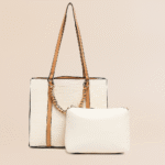 Elegant Beige Tote Bag with Inner Pouch and Chain Handle