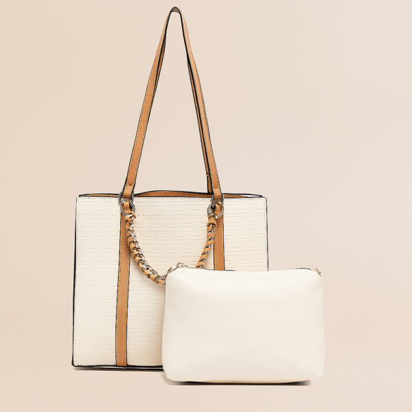 Elegant Beige Tote Bag with Inner Pouch and Chain Handle