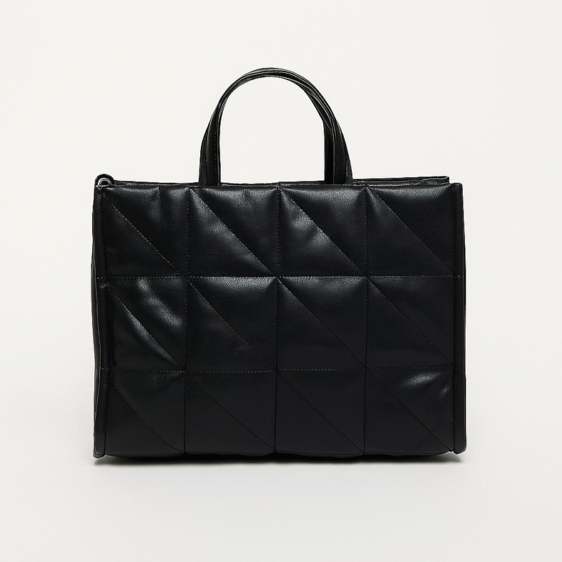 Black Quilted Geometric Shopper Tote Bag