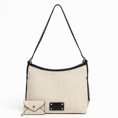 Beige Canvas Shoulder Bag with Black Trim