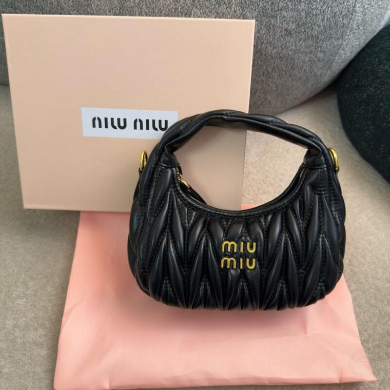 Miu Miu Black Matelassé Leather Mini Hobo Bag