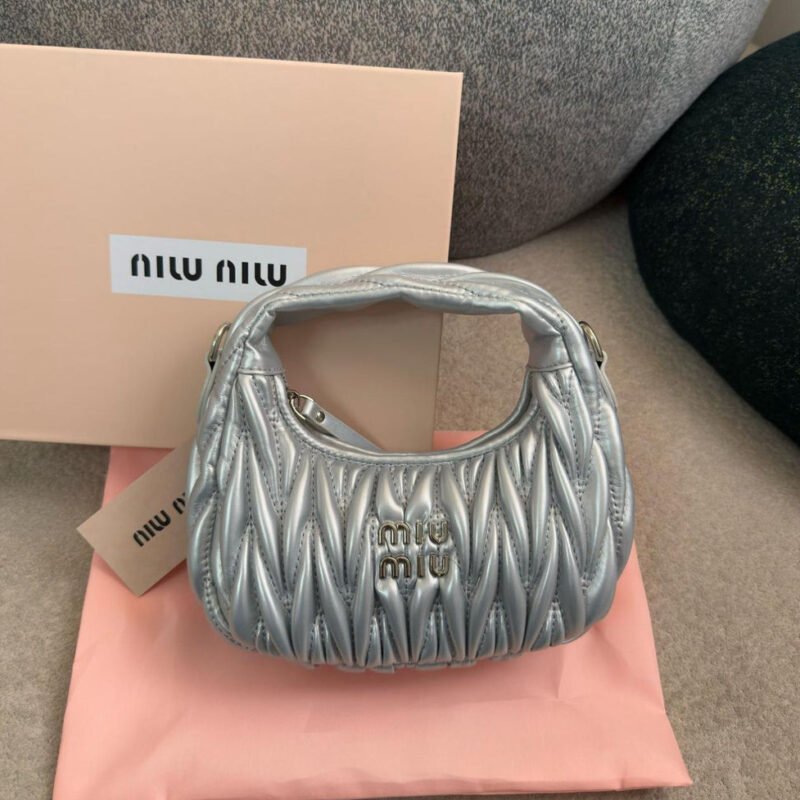 Miu Miu Silver Matelassé Leather Mini Hobo Bag