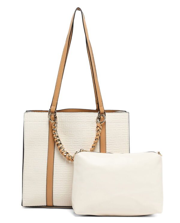 Elegant Beige Tote Bag with Inner Pouch and Chain Handle - Image 2