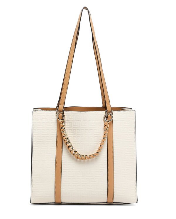 Elegant Beige Tote Bag with Inner Pouch and Chain Handle - Image 3