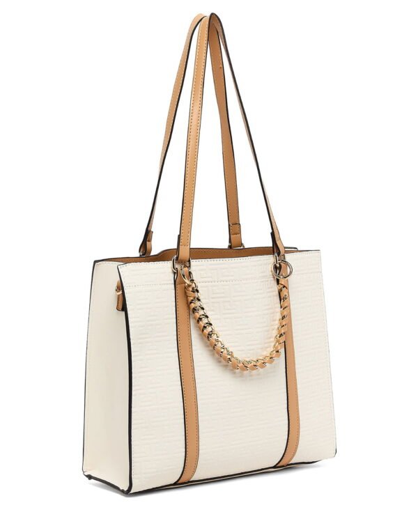 Elegant Beige Tote Bag with Inner Pouch and Chain Handle - Image 4