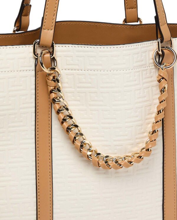 Elegant Beige Tote Bag with Inner Pouch and Chain Handle - Image 5