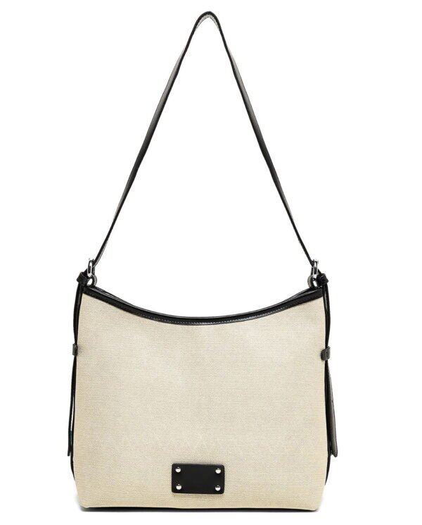 Beige Canvas Shoulder Bag with Black Trim - Image 2