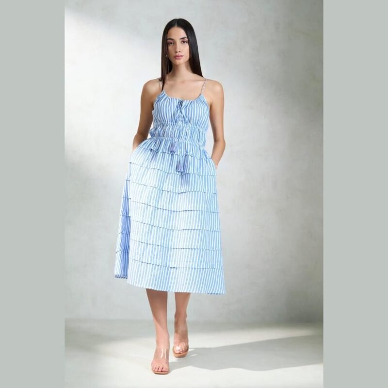 Blue Striped Tiered Midi Dress