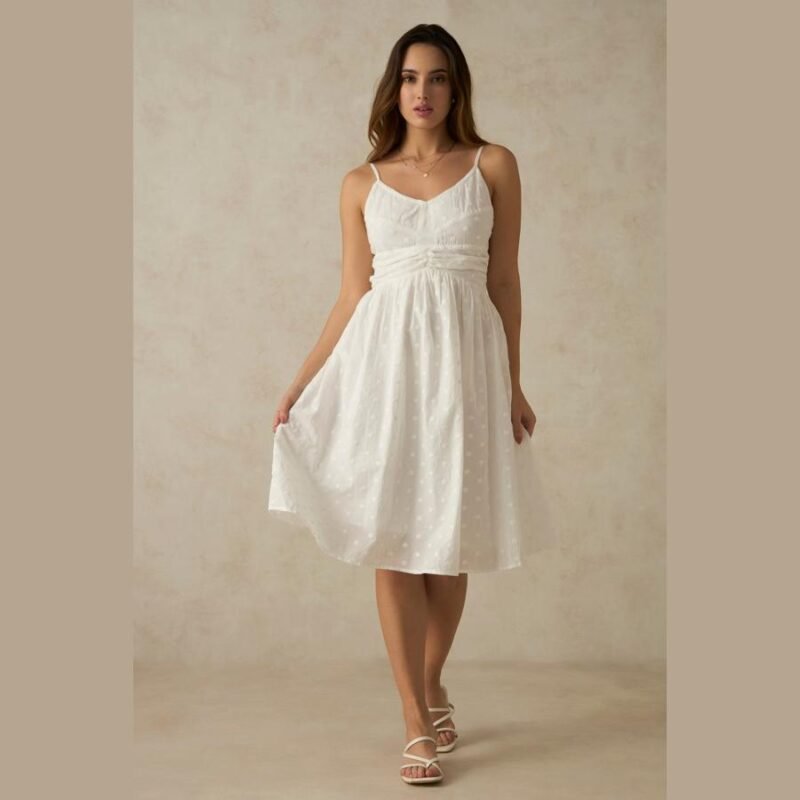 100% Cotton White Ruched V Neck Midi Dress