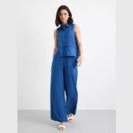 Navy Blue Linen Look Top and Wide Leg Pants