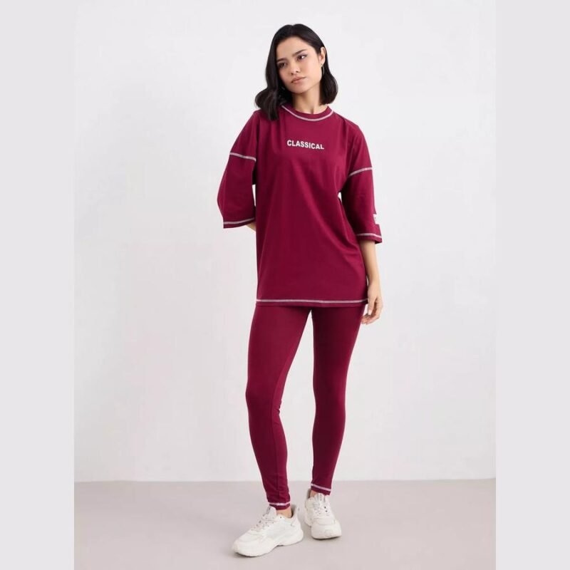 Women Burgundy Overlock Seam Oversized T-Shirt and Leggings