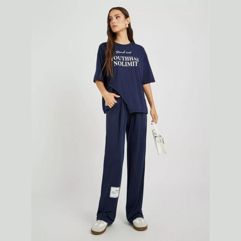 Slogan Printed Short Sleeve T-Shirt and Pants