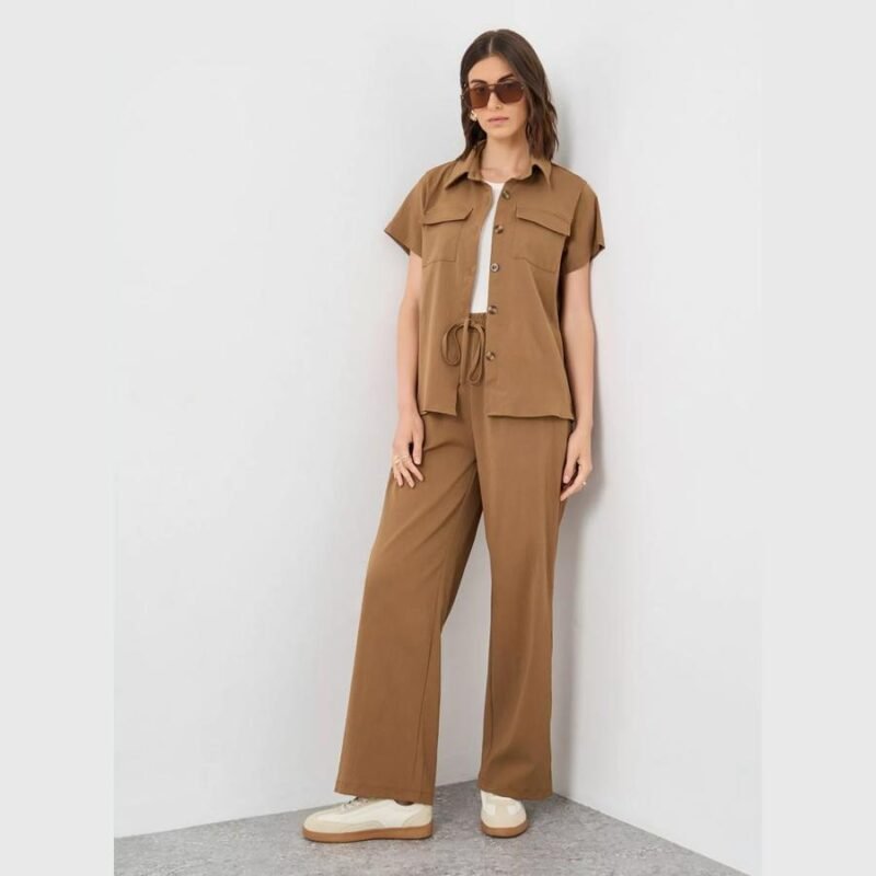 Women Brown Solid Shirt and Wide Leg Pants