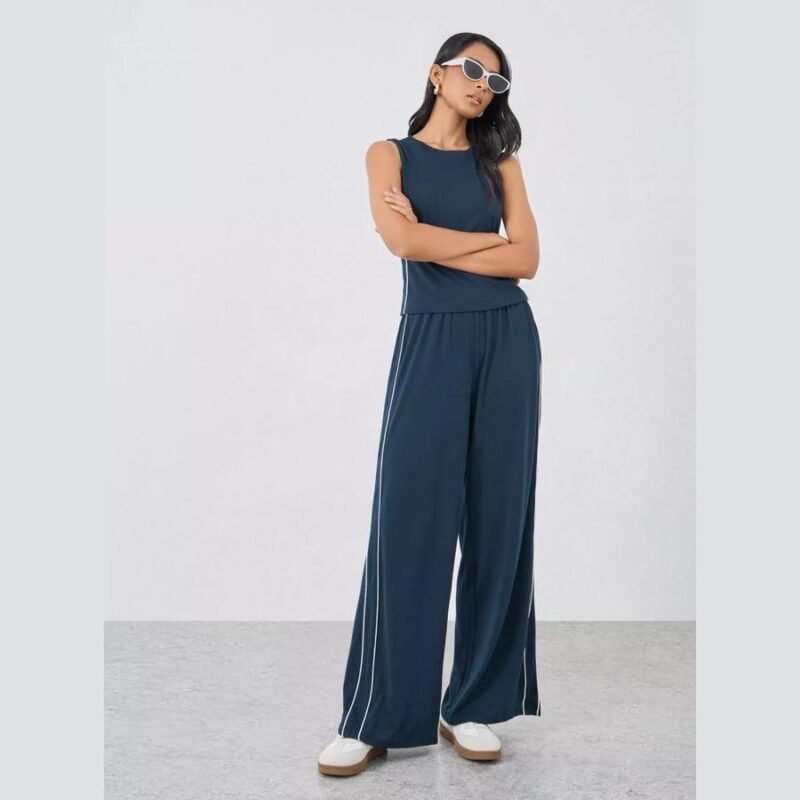 Dark Blue Side Piping Detail Top and Pants