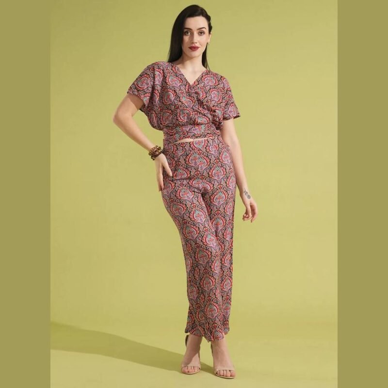 Ethnic Print Back Tie-Up Crop Top and Trousers