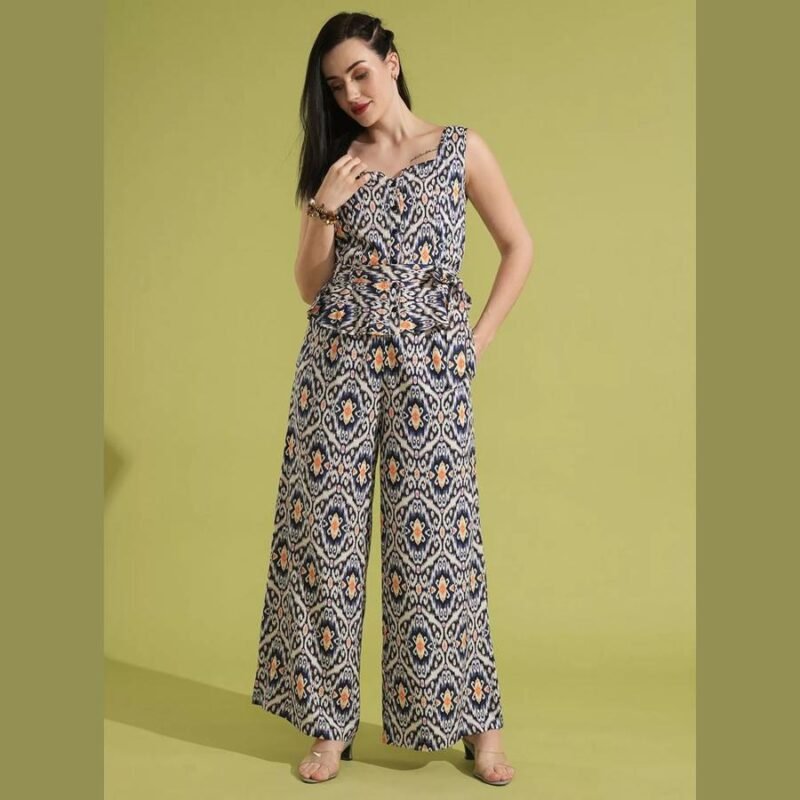 Print Waist Tie-Up Peplum Top and Trouser