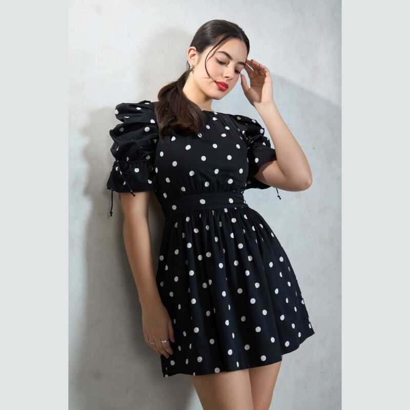 100% Cotton Polka Mini Dress With Bow