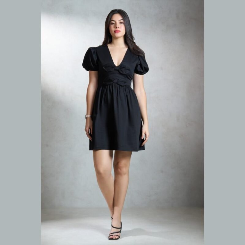 Cotton Stretch Black Mini Bow Dress