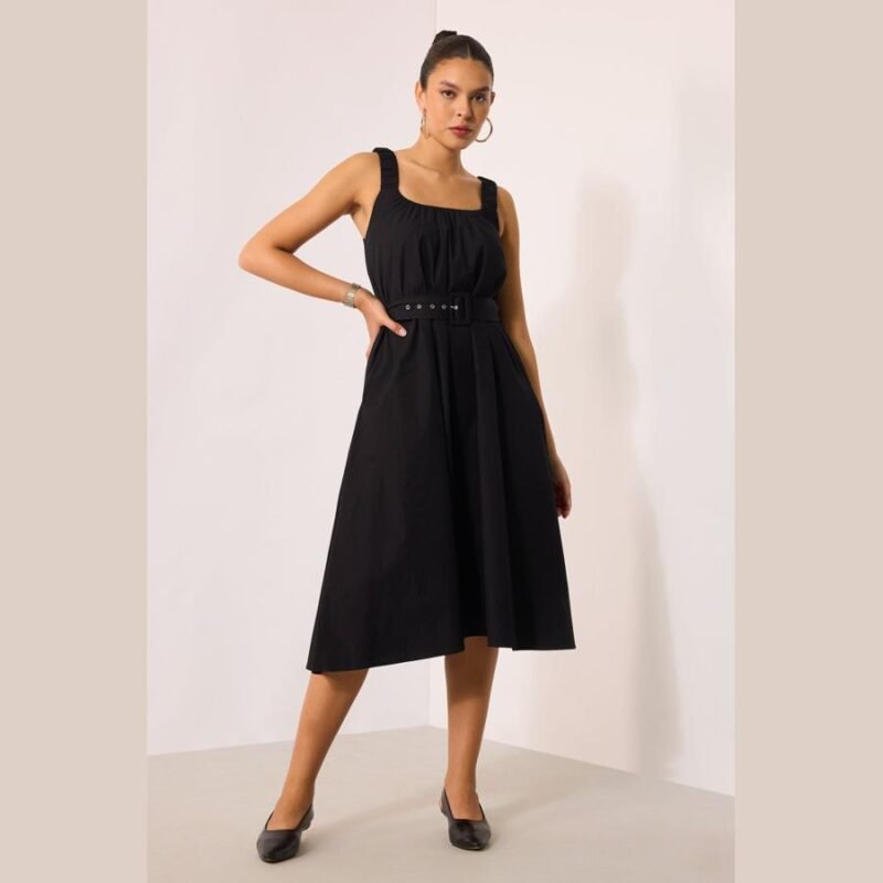 U-Neckline Midi Dress With Belt